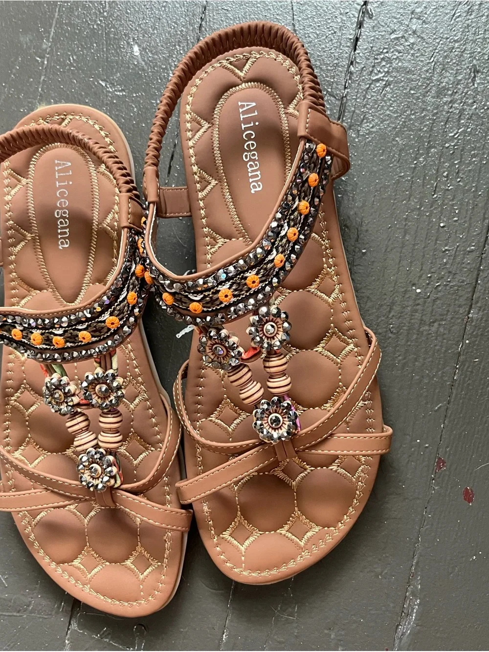 Brown Beaded T-Strap Slingback Sandals